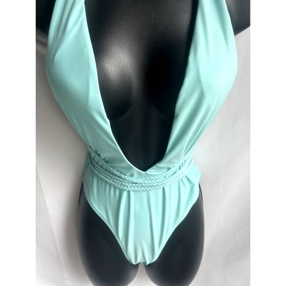 Baby Blue One Piece Swimsuit Deep Cutout Ties Open Back Barbie Barbiecore Size M - Picture 2 of 12